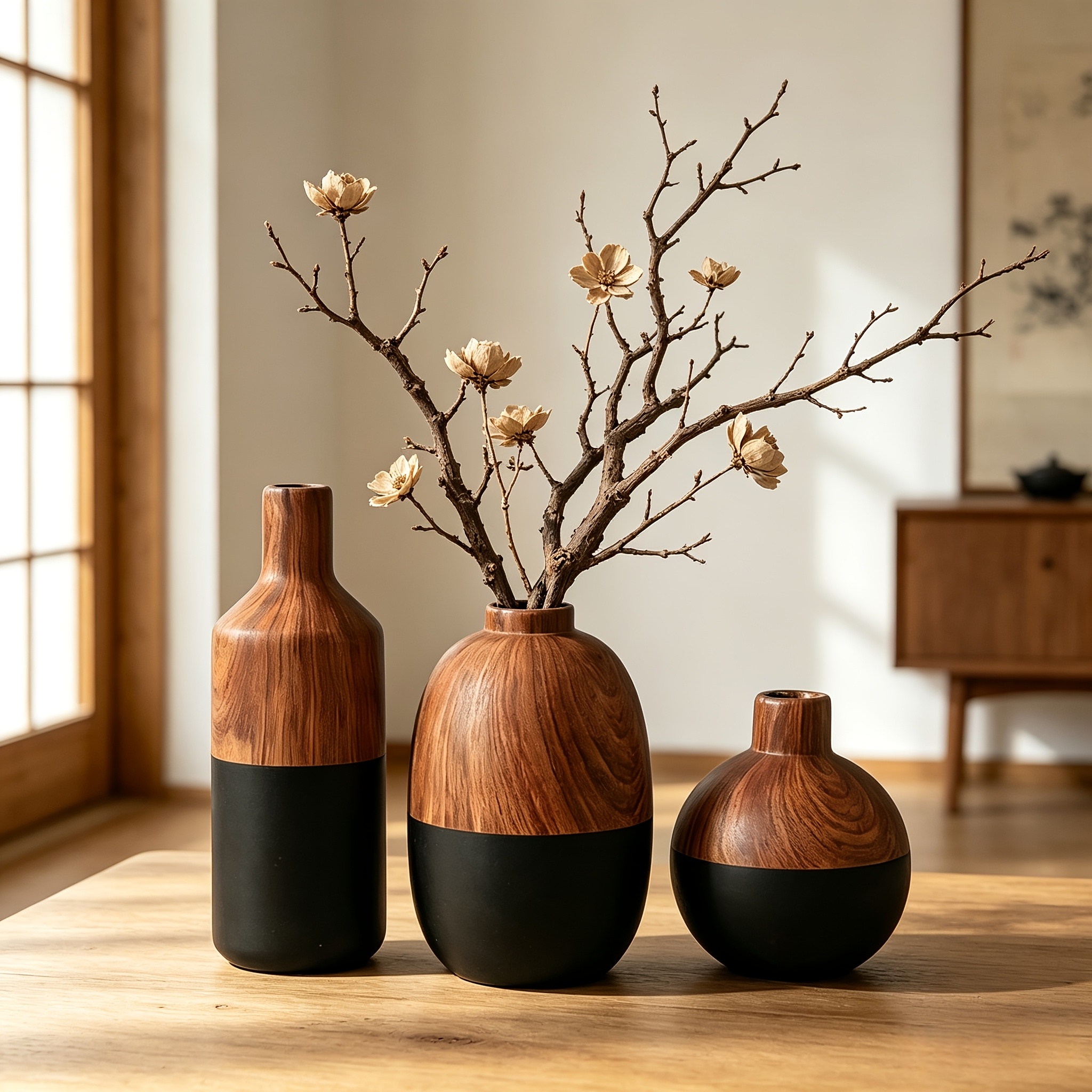 3pcs Wood Grain/Stone Texture Ceramic Vase Set Wabi-Sabi Decorative Flower Pot Ornament Japanese Rustic Style Desktop Home Resident B&B Soft Decoration Dried Flower Arrangement Floral Art All-Match Premium