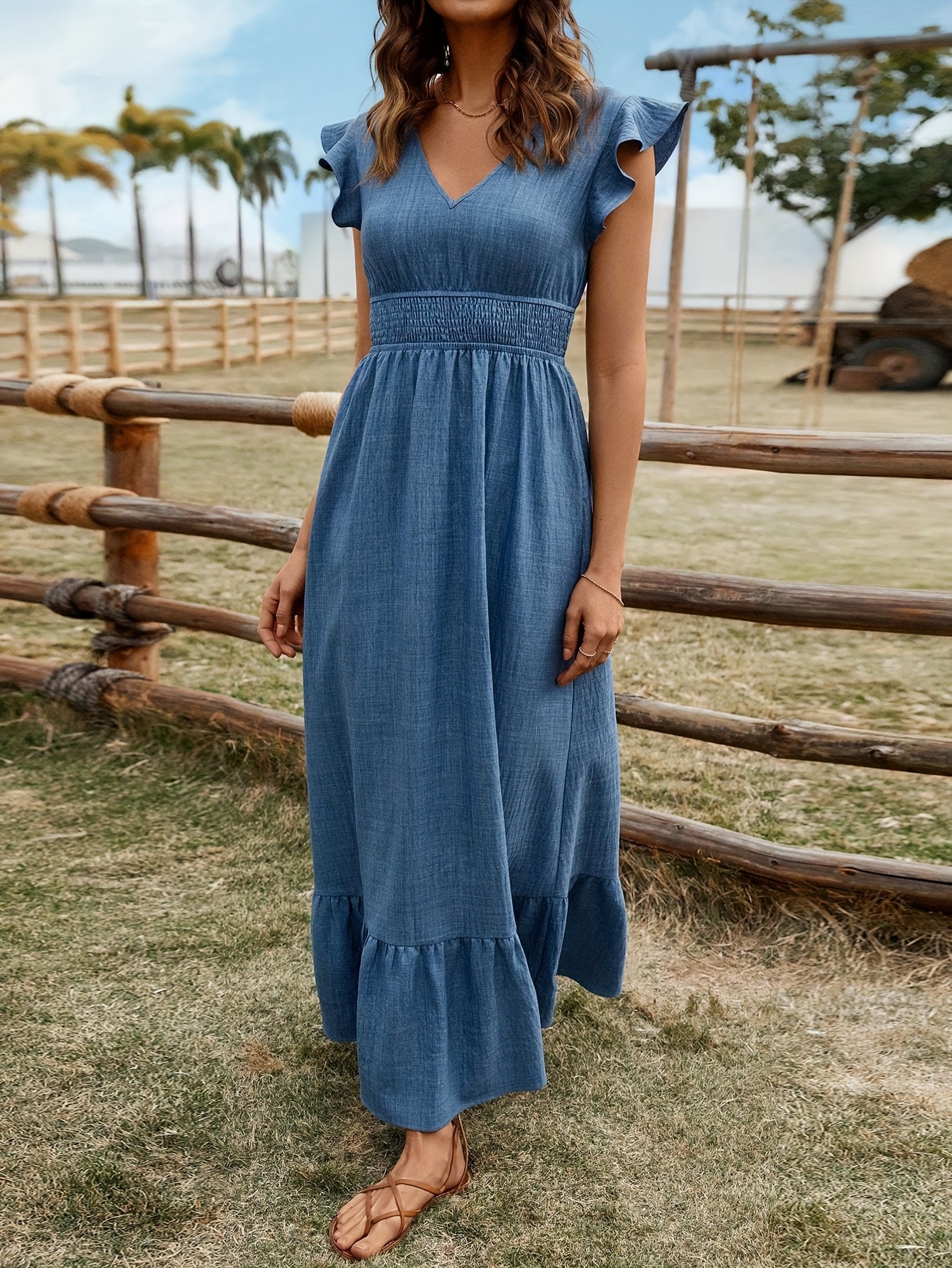 boho chic womens maxi dress ruffle sleeves drawstring waist Temu