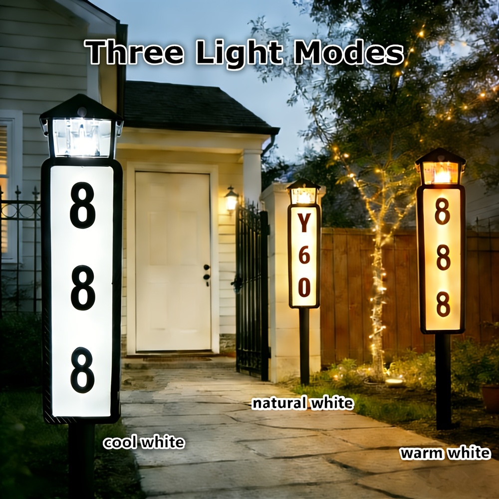TEMU Panneau d'adresse solaire avec 3 modes de couleur, plaque de numéro de maison LED avec piquet, lumière d'adresse éclairée d'extérieur pour cour,