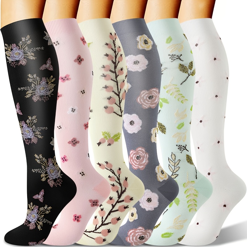 TEMU 6 Pairs Floral Knee-high Compression Socks - Breathable Fabric, 80% Polyester, 20% Spandex, Support Socks For Women And Men, Hand Wash, Socks
