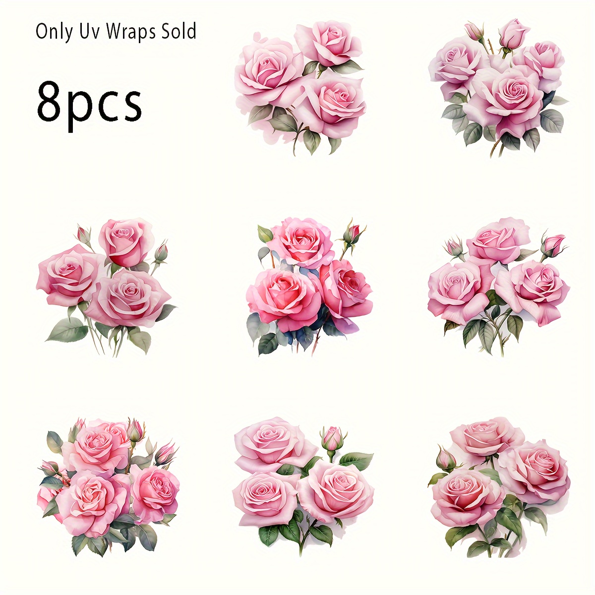 

8pcs Watercolor Rose Pattern Vinyl Stickers, Uv Dtf Waterproof Plastic Decorative Decals For Mugs, Bottles, Stationery, Crafts, Diy Art Projects - Ideal For Commercial & Personal Use