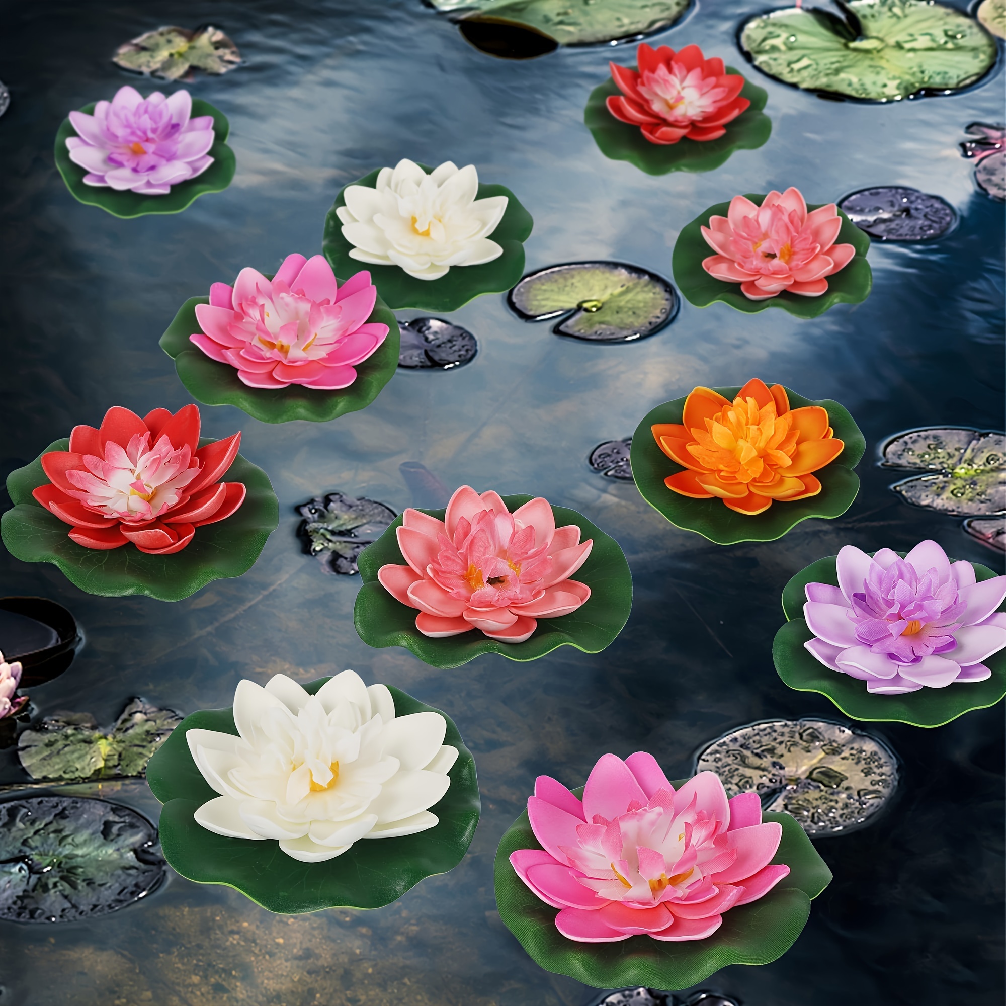 

Eva Foam Artificial Floating Lotus Flowers With Lily Pads - 6pcs/12pcs Set, Lifelike Pond Decor For Home & Garden, Ideal For Diwali Decorations & Return Gifts