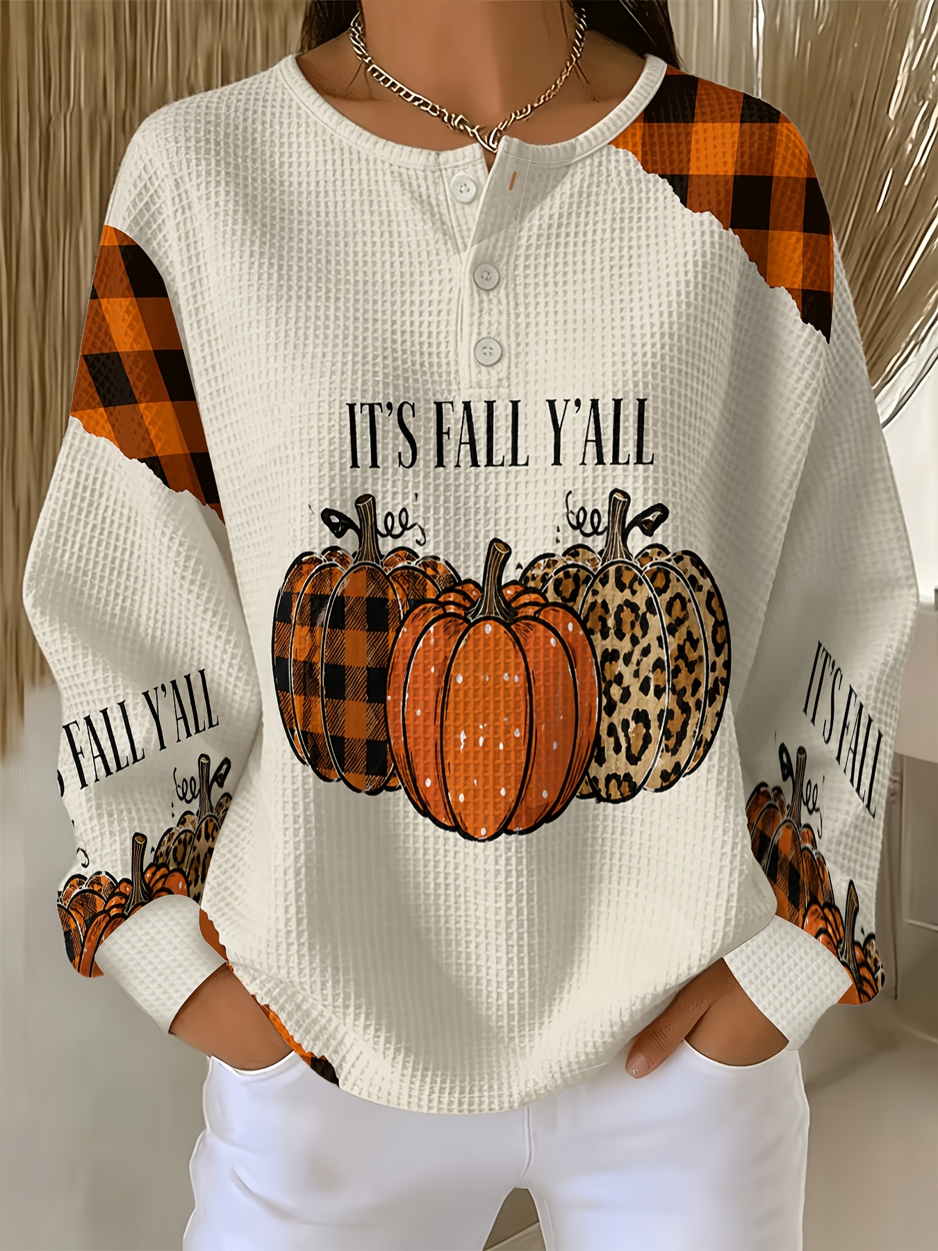 item picture womens waffle henley collar button up long sleeve top autumn pumpkin   leopard print pumpkin   pullover
