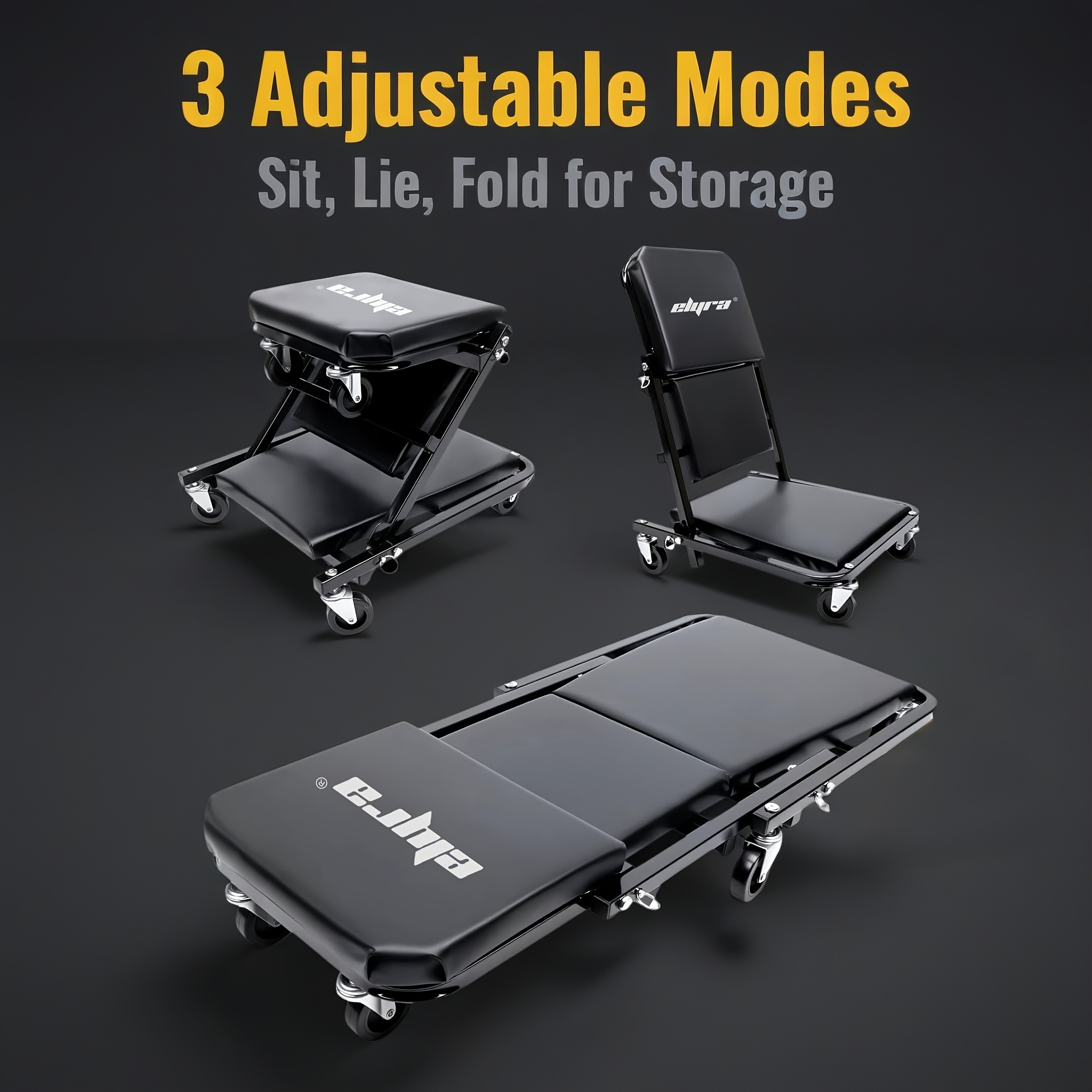 Assembled Rolling Workbench And Reclining Chair, Workshop Rolling Stool, 3 Adjustment Options, Padded Seat, 6 360° Swivel Casters, Suitable for Auto Repair, Tire Changes, And Workshop Tasks