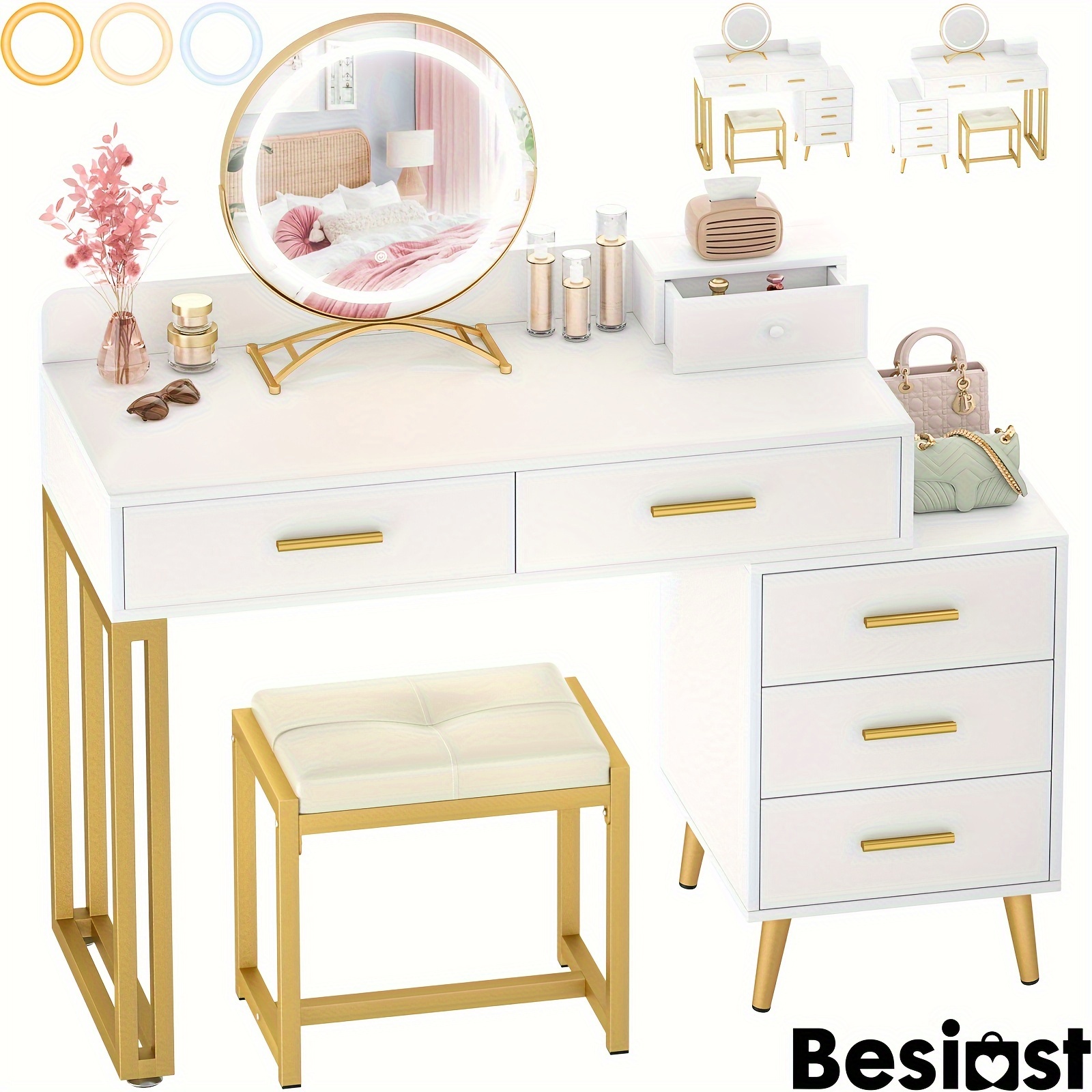 elegant " white & golden vanity desk with lighted makeup , 3 lighting , 2  drawers & cabinet  modern dressing table for bedroom (no chair) -  furniture - Temu