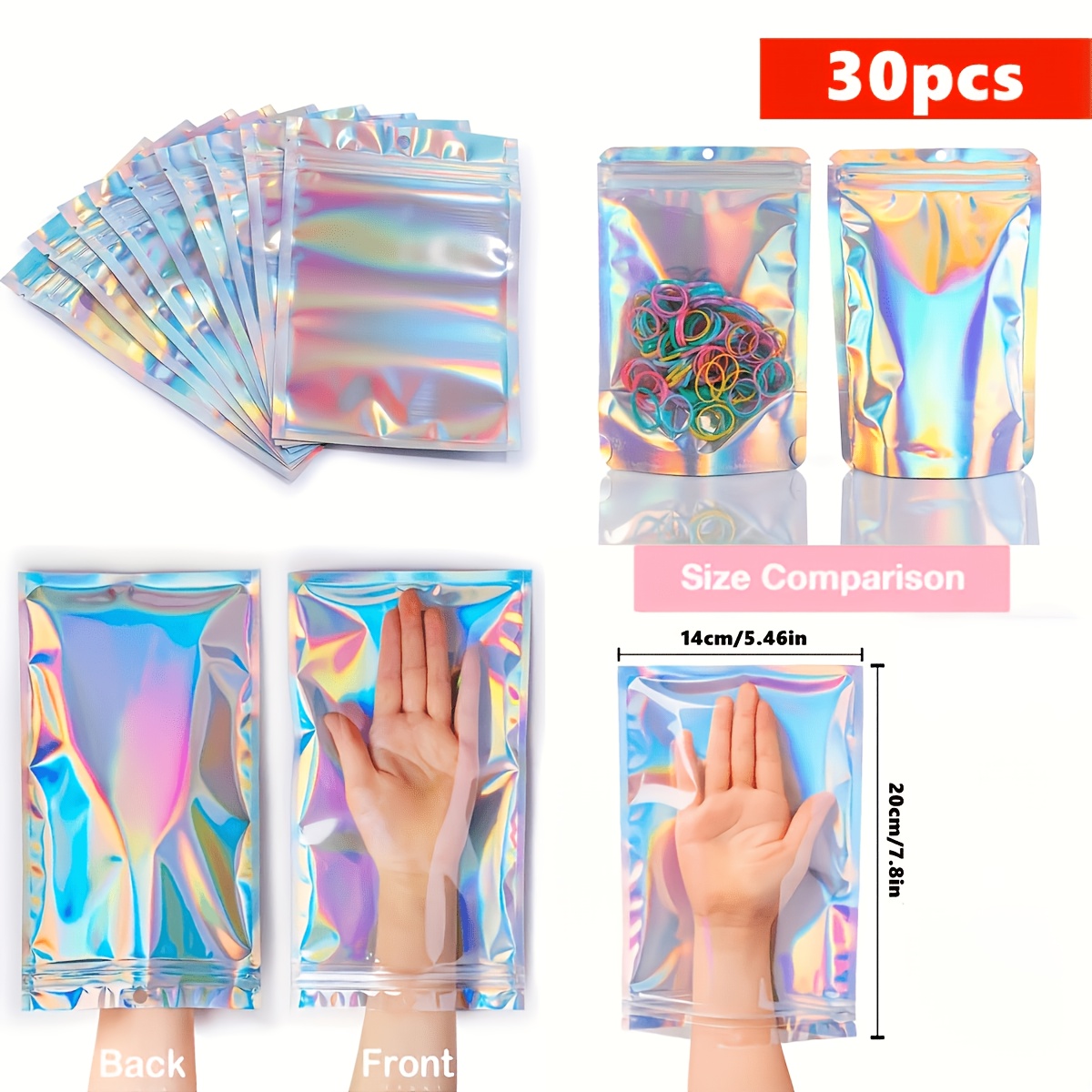 TEMU 30pcs 20*14Cm Sachets Holographiques Refermables en Métal de Plomb Adaptés à de Cadeaux de Fête, Sachets en Film Plastique avec Couleurs