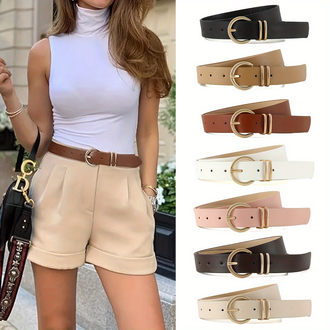 

1pc Women' Pu Leather Belt With Golden-tone Round - Fashion Accessory For Jeans, Shorts, And Casual Outfits (black, Brown, White, )