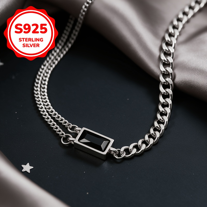 925 Silver Black Square Clavicle Chain Necklace