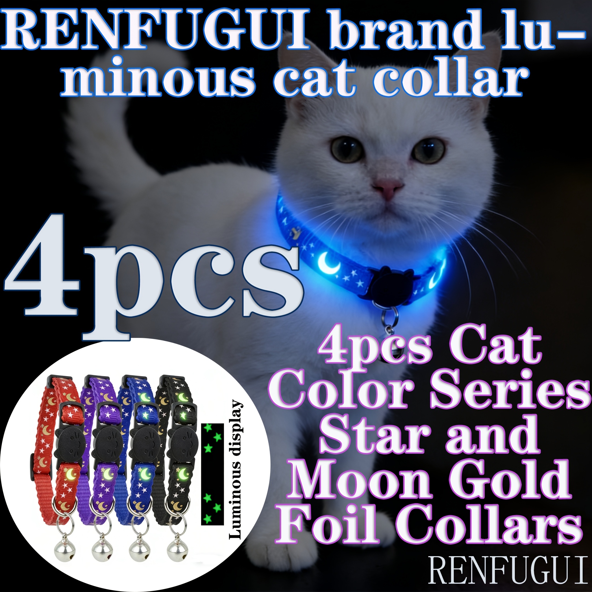 TEMU Renfugui Brand 4pcs Cat With Star Moon Bronzing Collar, Combination Rotation And Holiday Dress, Bronzing Pattern Exquisite Wear-resistant,