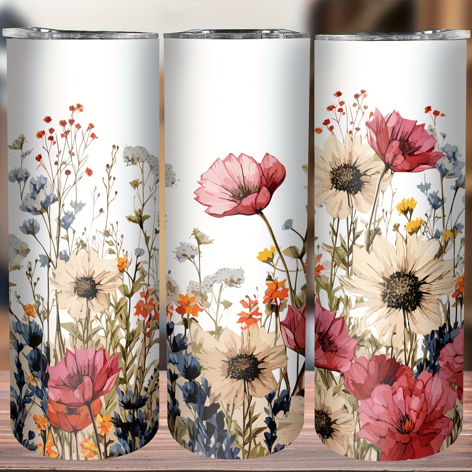 

1pc Flower Pattern 20oz Stainless Steel Tumbler With Double Wall Vacuum Insulation, Complete With Straw And Lid