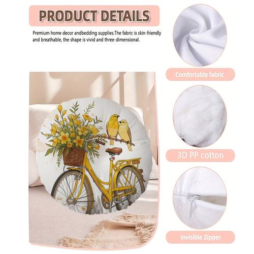 bird round throw pillow decorative cushion with bicycle and floral basket artwork 2d flat printing design including pillow core hidden zipper living room bedroom home decor l0605cmbzy2022 2d flat