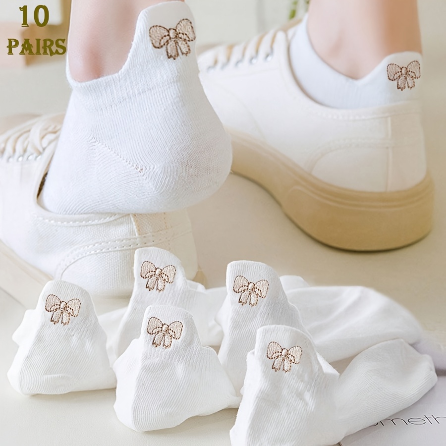 Image of 10-pair Women's Cute Bow Embroidered Socks With Heel Tabs, , Breathable, Non-slip, -up Short Socks For Spring/summer