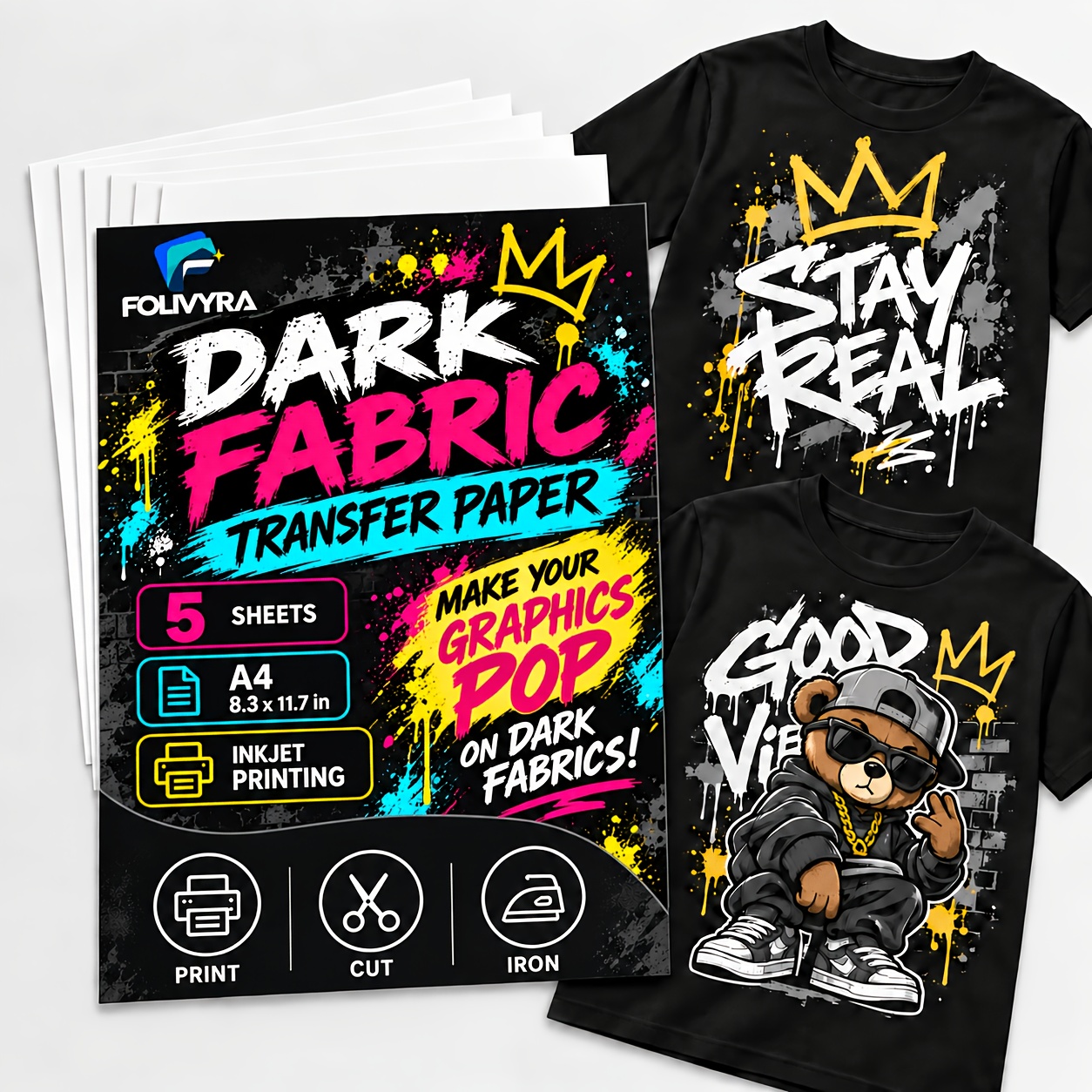 TEMU 5 Hojas de Papel de Transferencia de A4 para Tejidos Oscuros, Papel Termoadhesivo para Camisetas, Sudaderas, Bolsos Tote, Gorras, Almohadas y