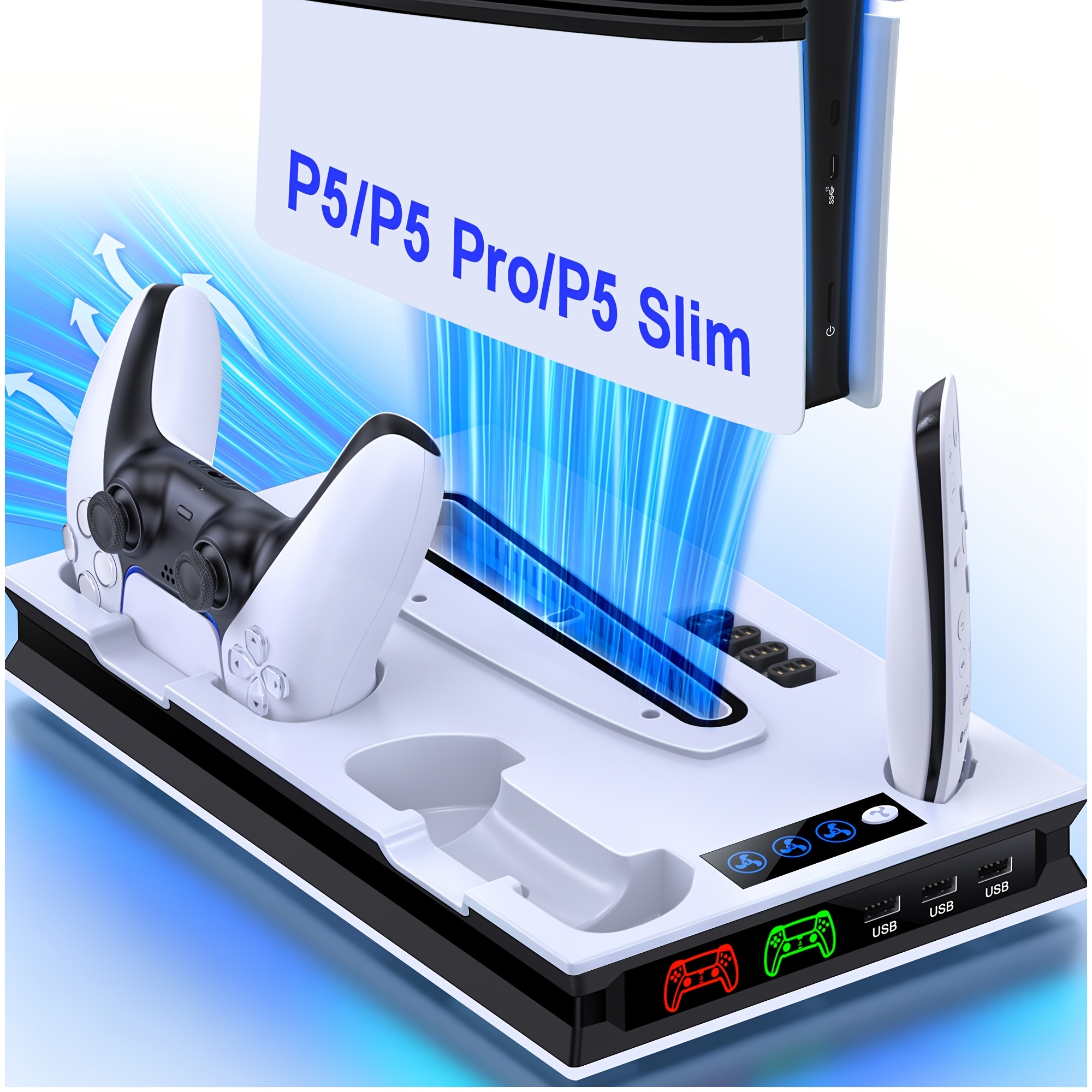TEMU For For 2023 Newest Ps5 Slim/ Console, Dual Controller Charging Station For & Disc With 3- Adjustable Fan, Ps5 Accessories With Headset Holder,