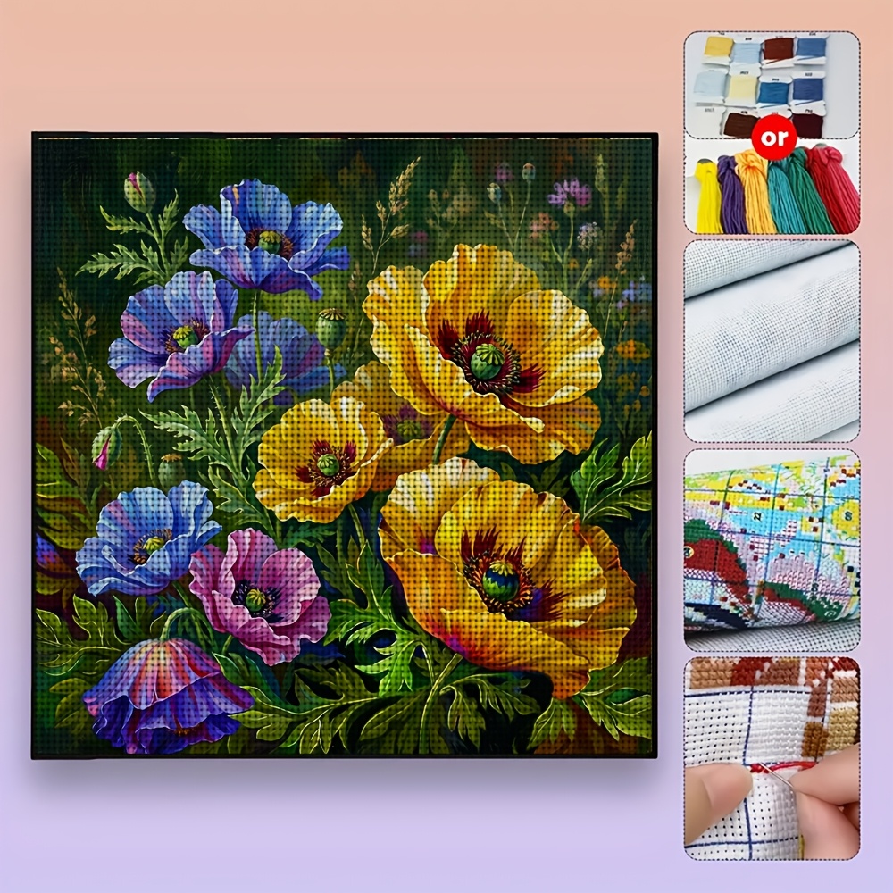 DIY Cross-Stitch Printed Kit, Vibrant Floral Oil Painting Pattern