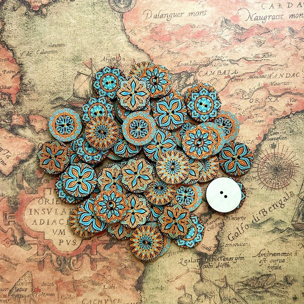 Image of 20pcs 25mm 6 Patterns Mediterranean Moroccan Blue Printed Wooden Decorative Buttons, Handmade Decoration, Suitable For Home Textile Additions Or For Home Aesthetic Decoration