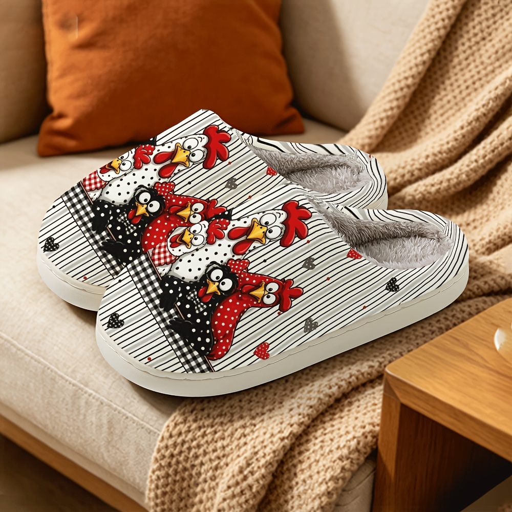 TEMU Polka Dot Fun Chicken Flock Pattern Printed Women's Home Slippers, Unisex Plush Lined Indoor Slippers, Lightweight Soft Shoes, For