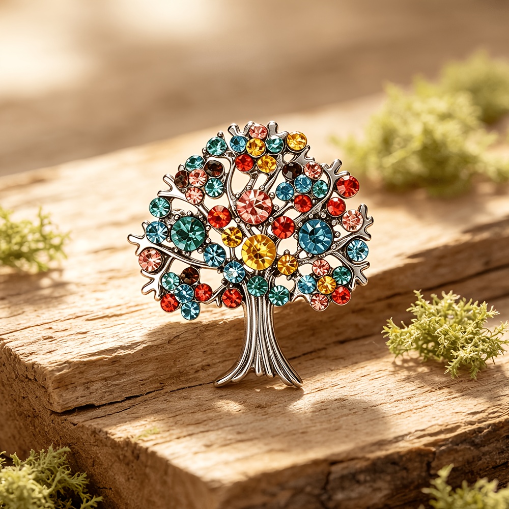TEMU Broche vintage colorido del Árbol de , con un diseño . con una base de aleación de y cristales artificiales brillantes, líneas elegantes y y una