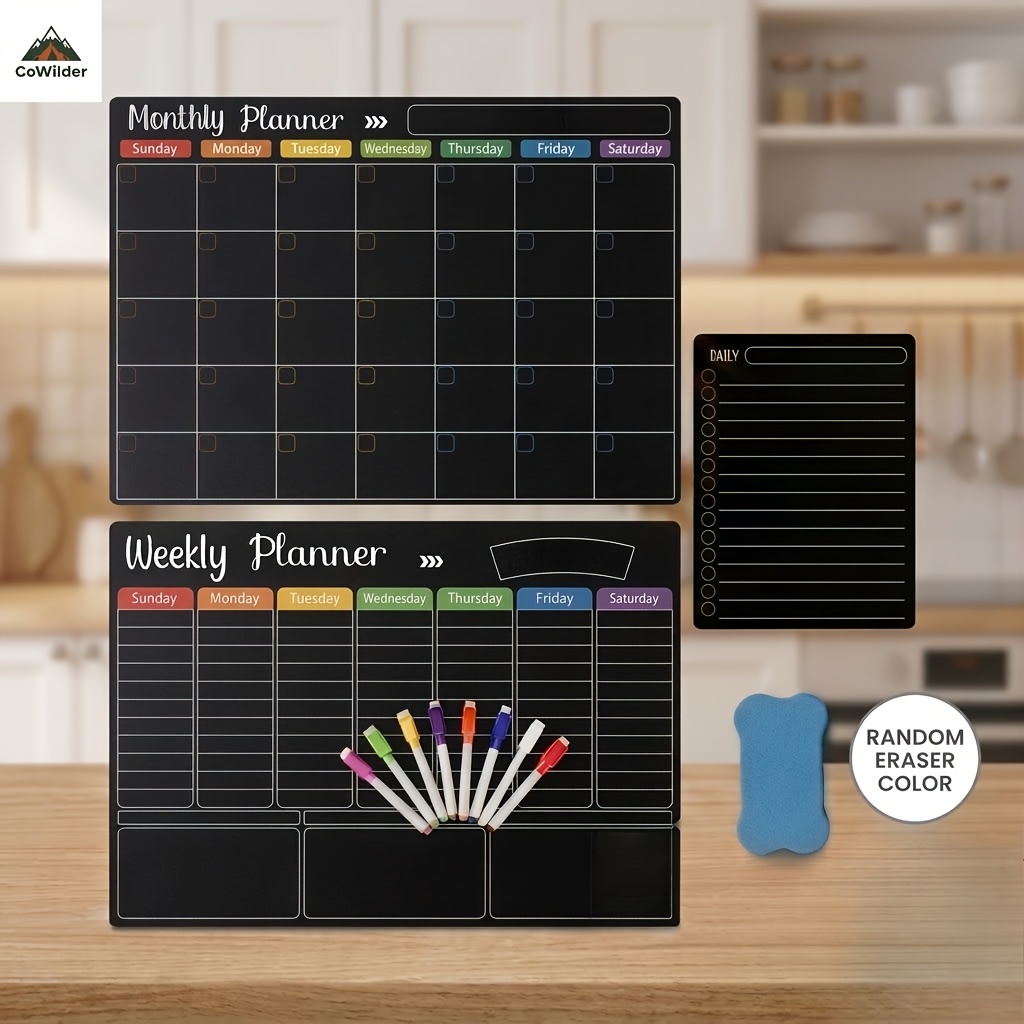 TEMU 3pcs Black Magnetic Refrigerator Whiteboard Set, Monthly, Weekly & Daily Planner Boards, Reusable Dry-erase Family Schedule And Meal Planner,