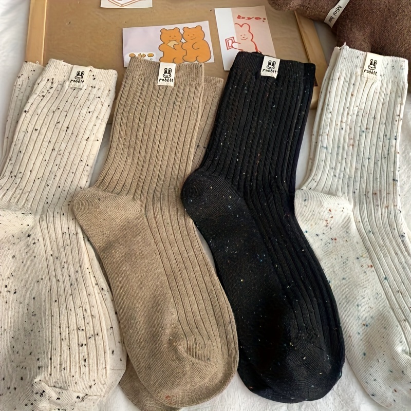 Image of [fall Winter Style] 4 Pairs Cute Rabbit Label Patched Socks, Casual Mid Tube Socks For Fall And Winter, Women's Stockings And Hosiery
