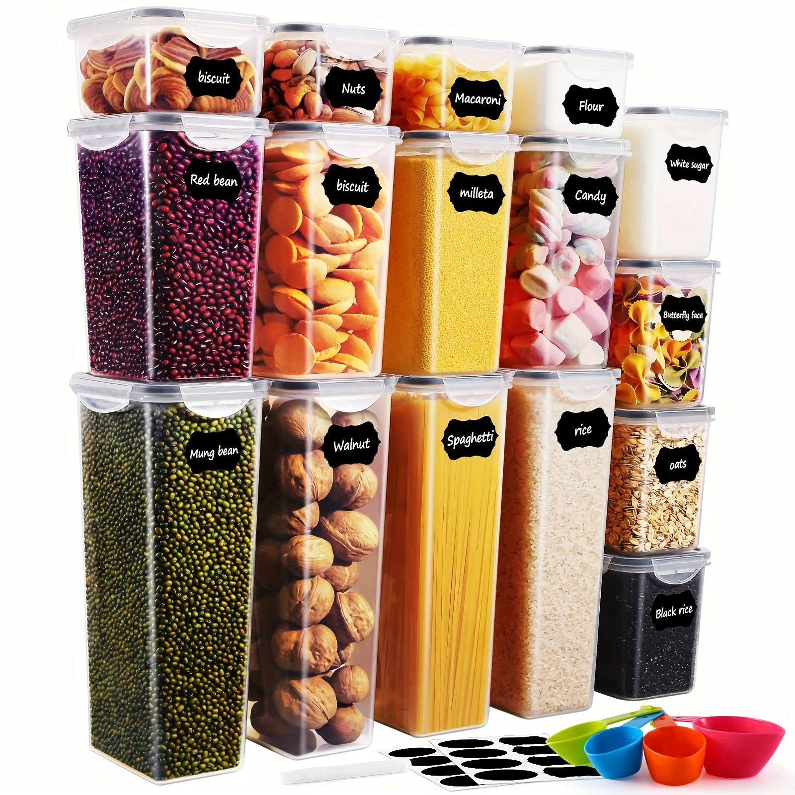 

16 Pack Airtight Food Storage Containers Set-kitchen And Pantry Organization, Bpa-free Plastic Containers With Lids For Dry Food, Cereal, Flour & Sugar, Include Labels, Marker & Spoon Set