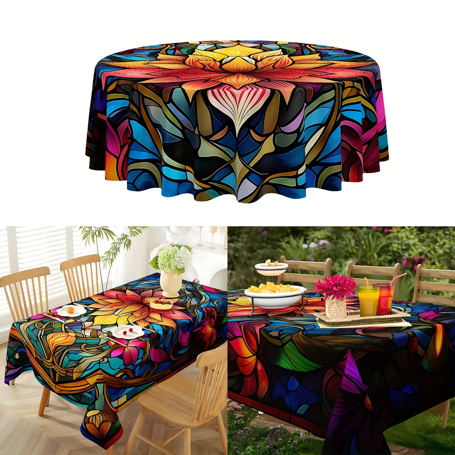 

1pc Vibrant Mandala Flower Round Tablecloth - Waterproof Polyester Dining Table Cover, Machine Woven Boho Style Cloth For Kitchen Decor, Outdoor Bbq & Picnic Mat For Thanksgiving