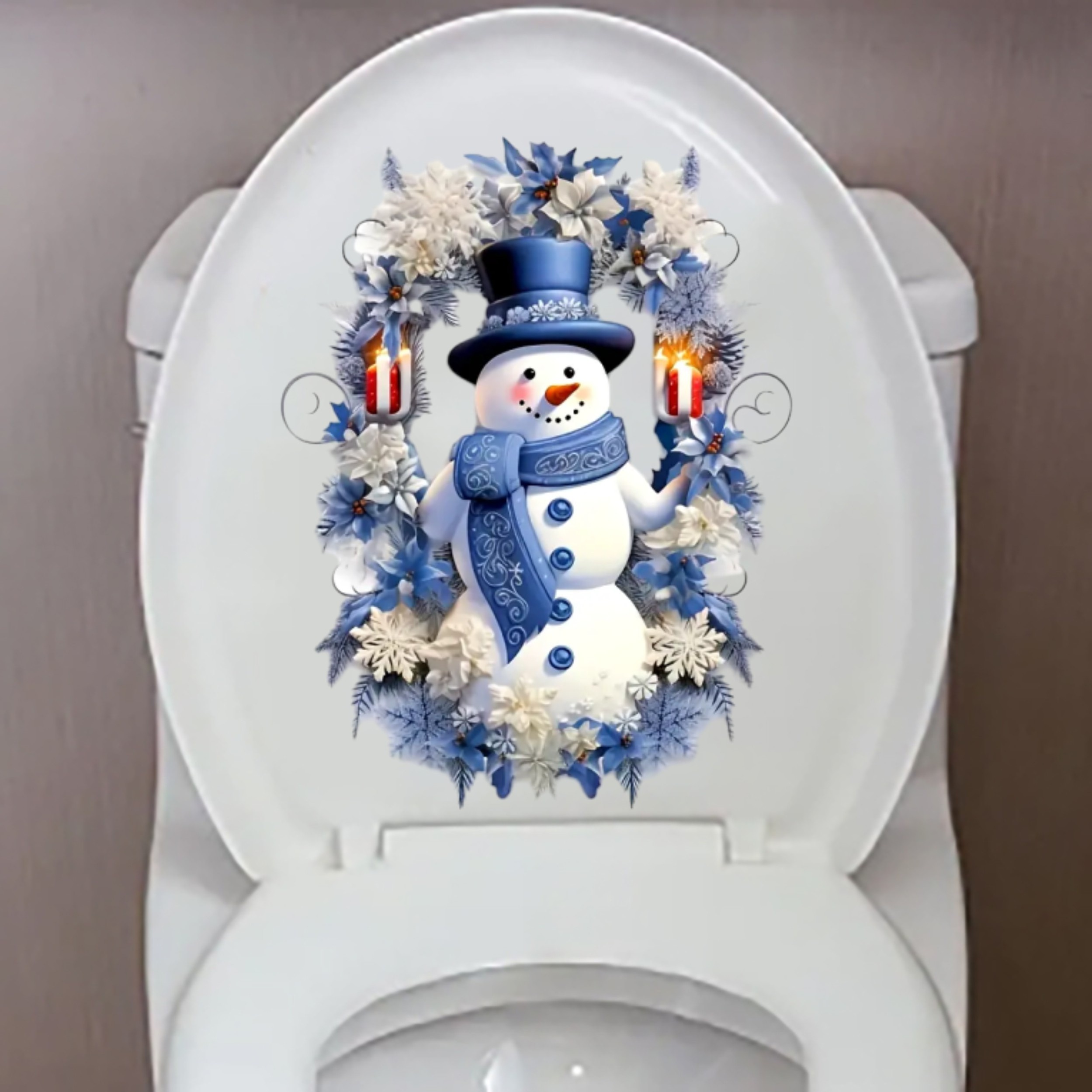 

Snowman Holiday Toilet Lid Decal With Blue And , Pvc Self-adhesive Restroom Decoration, Plastic Surface Compatible, Pattern, Single-use Sticker