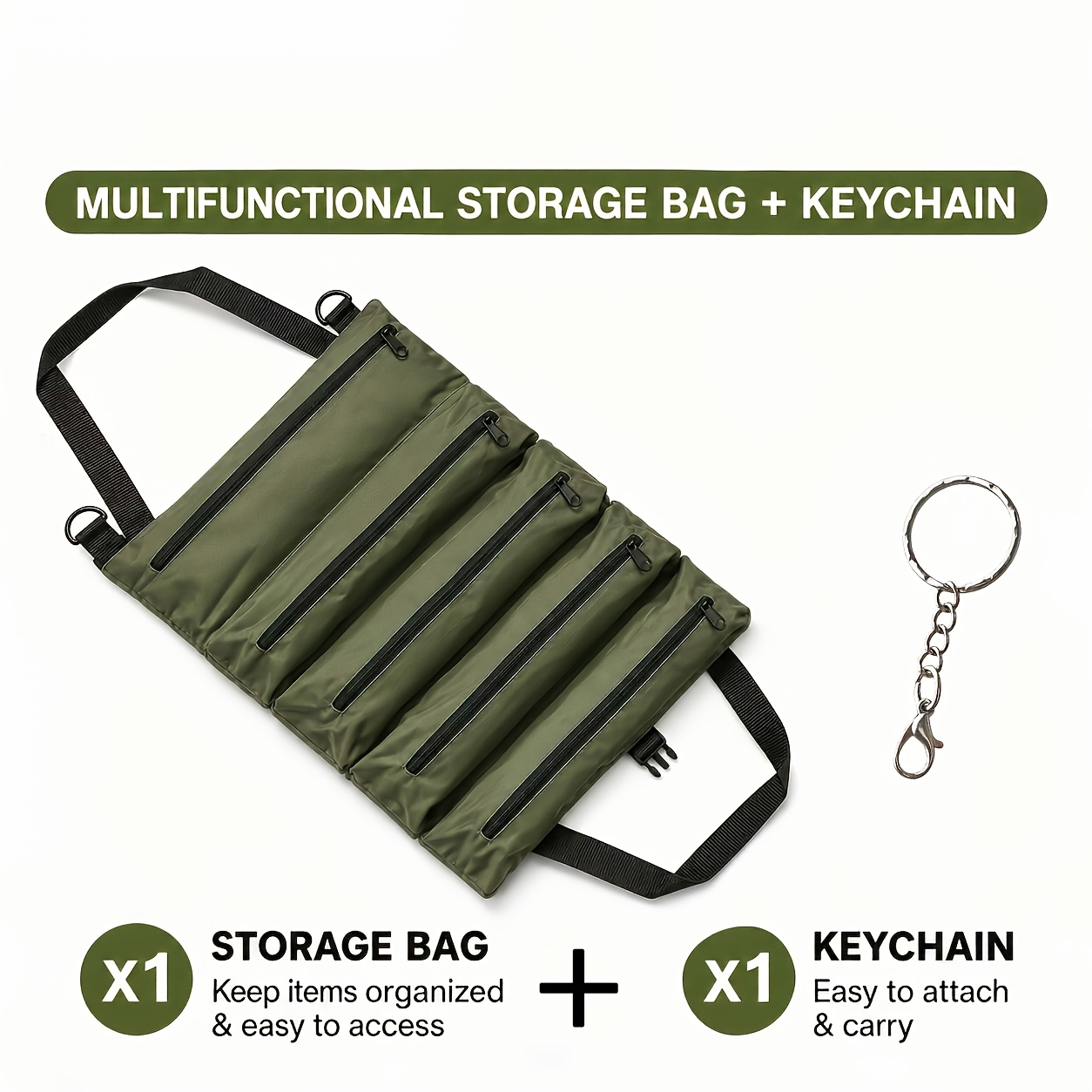 TEMU Ensemble 1 sac de rangement d'outils multifonctionnel enroulable + 1 porte-clés, pochette à outils portable multifonctionnelle en tissu Oxford