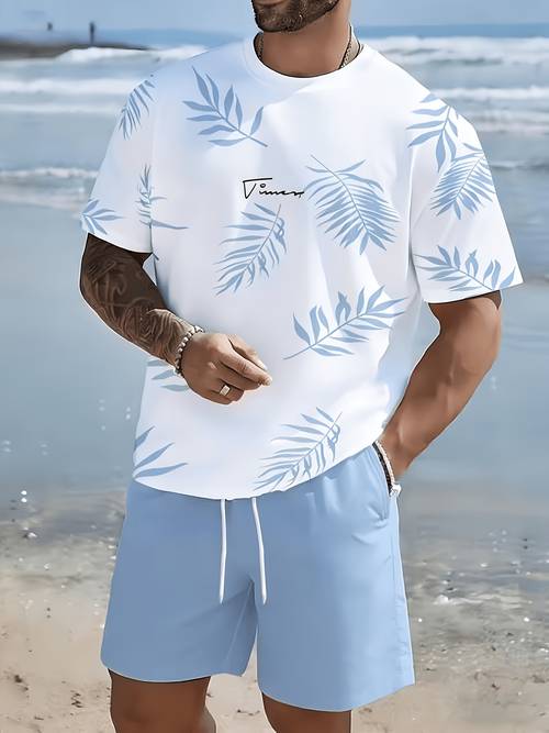 mens casual short sleeve outfit consisting of a short sleeve t shirt and shorts featuring a cool print design this two piece set a mens t shirt and drawstring shorts summer wear and outdoor activities