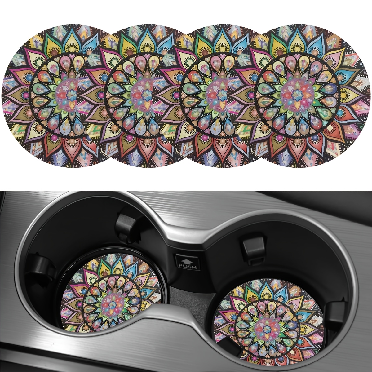 TEMU 4pcs Retro Mandala Flower Pattern Pu Leather Car Coaster -2.755-inch Fashionable , Durable Car Interior Beverage Mat, Perfect Gift For , Retro