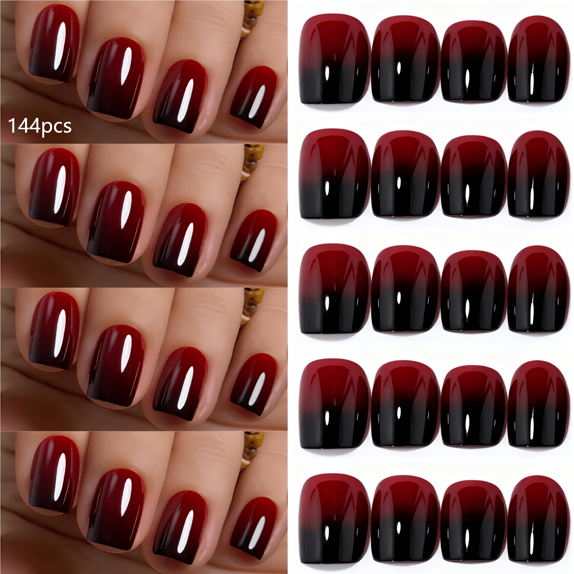 Image of 144pcs Gradient Red Black False Nails - Glossy Short Square Pre-made Nail Tips With Ombre Color, Suitable For Daily Wear & , Reusable Diy Nail Kit For Hands And Feet