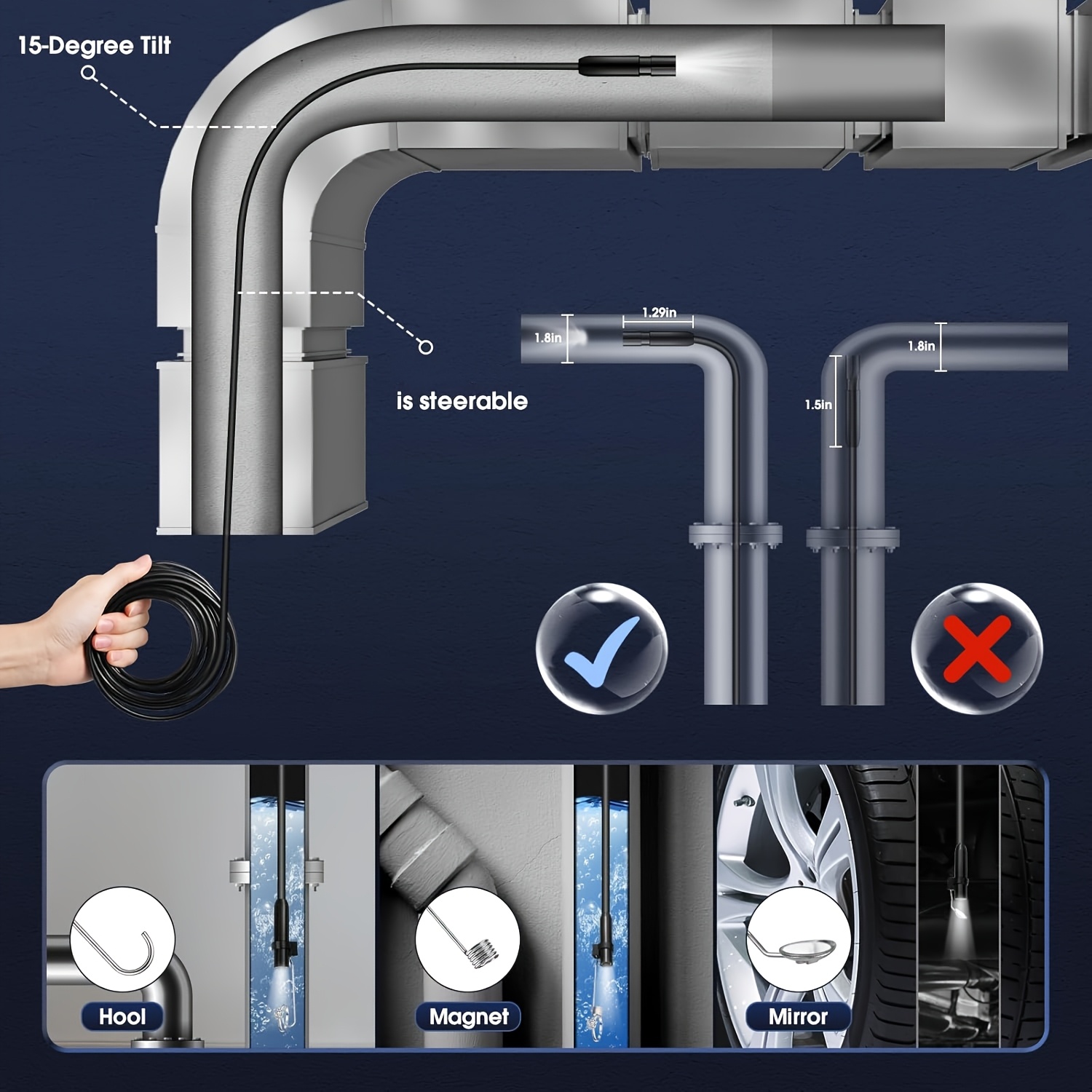 4.3" LCD Screen IP67 Waterproof Borescope Endoscope Camera with Light, 1080P HD Inspection Camera, Snake Camera, 3.3/16.5/50ft Endoscope Camera, Gadgets for Men 5 4.3" LCD Screen IP67 Waterproof Borescope Endoscope Camera with Light, 1080P HD Inspection Camera, Snake Camera, 3.3/16.5/50ft Endoscope Camera, Gadgets for Men - Image 5