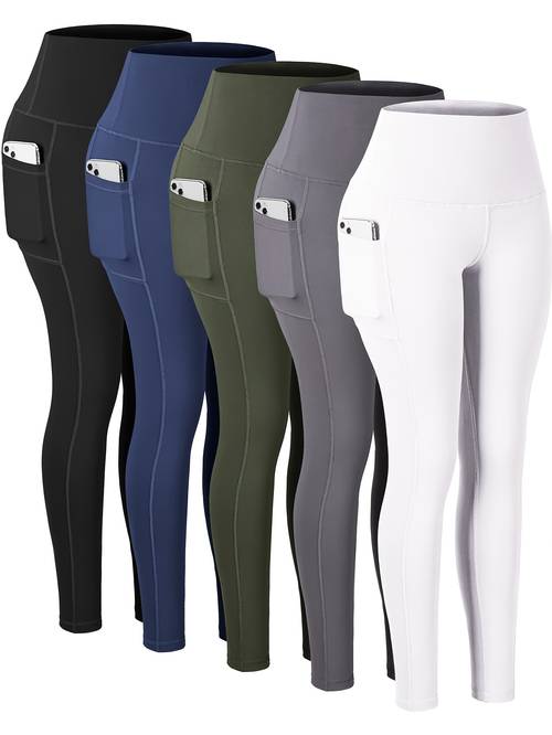 5pcs set of womens size sports leggings high waisted yoga pants elastic hip lifting fitness pants soft and comfortable leggings pockets