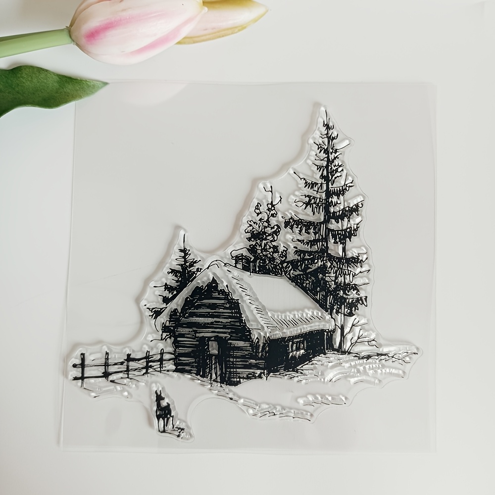 TEMU Timbro in Gomma con Invernale : Paesaggio Innevato Recinzione e Pini per Fai da Te, Scrapbooking, Creazione di Biglietti e Decorazione di Album