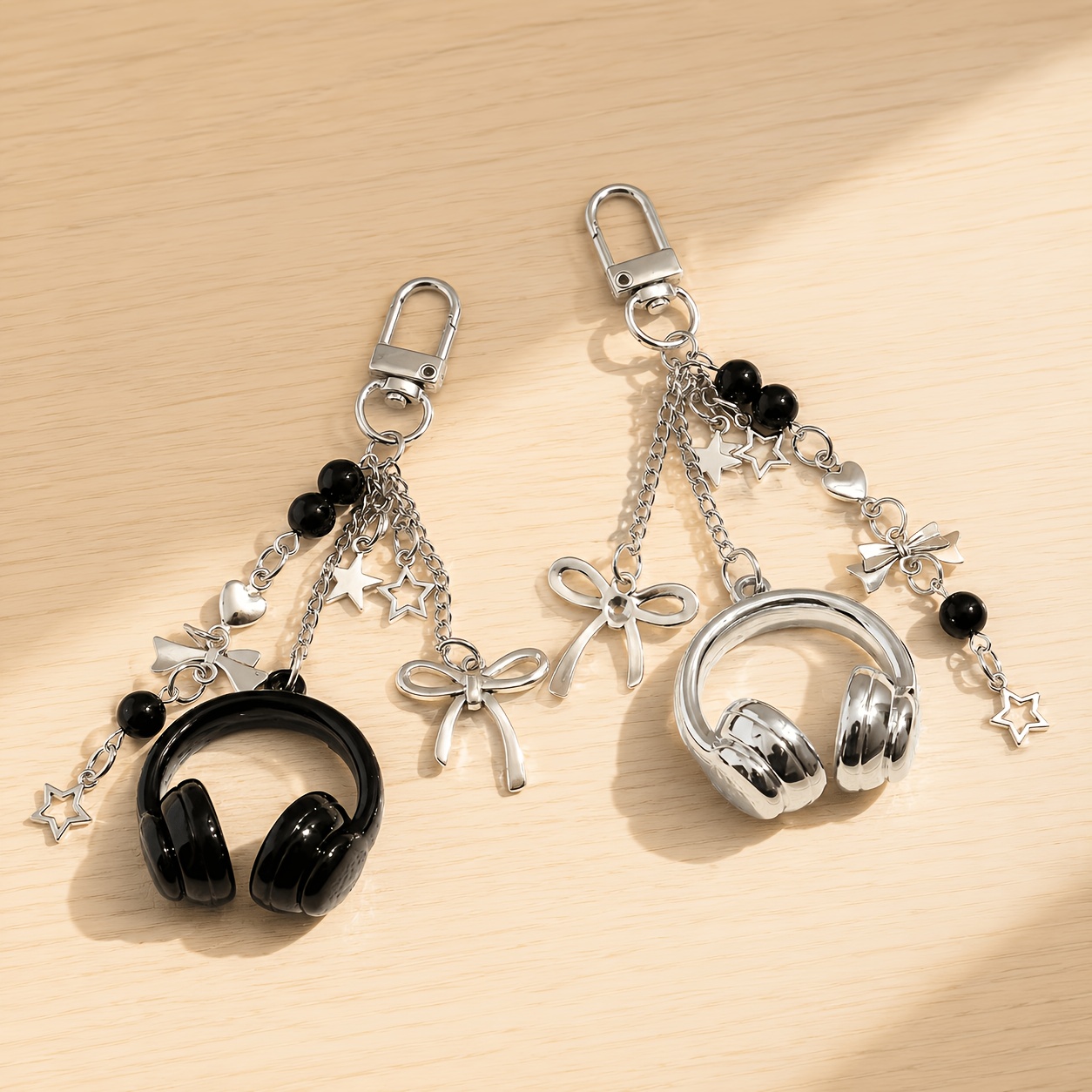 TEMU 2pcs Set: Cute Creative 3d Beaded Keychain, Black + Silvery, Phone Lanyard Decoration, Backpack Hanging Accessory, Ideal Gift For