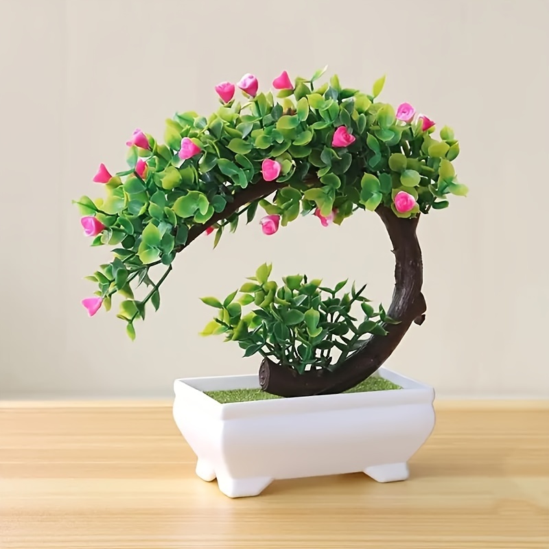 Charming Mini Crescent Rose Bonsai - Artificial Plant with Pot for Home, Office & Garden Decor