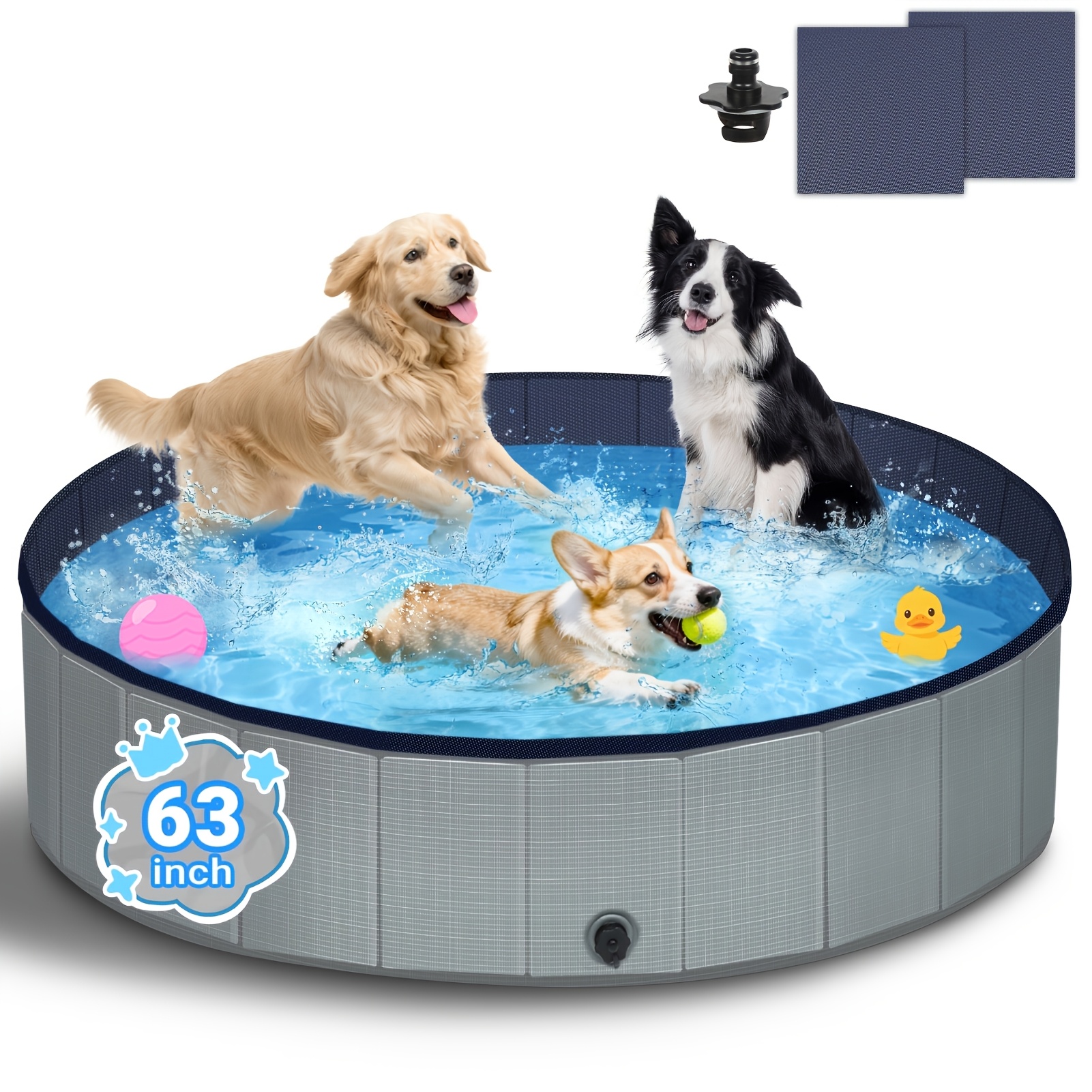 Foldable Dog Swimming Pool For Large Dogs, Heavy Duty Outdoor Pet Bath Tub, Portable Pet Cooling Pool With Garden Hose Adapter, Includes 2 Repair Patches, Backyard Use