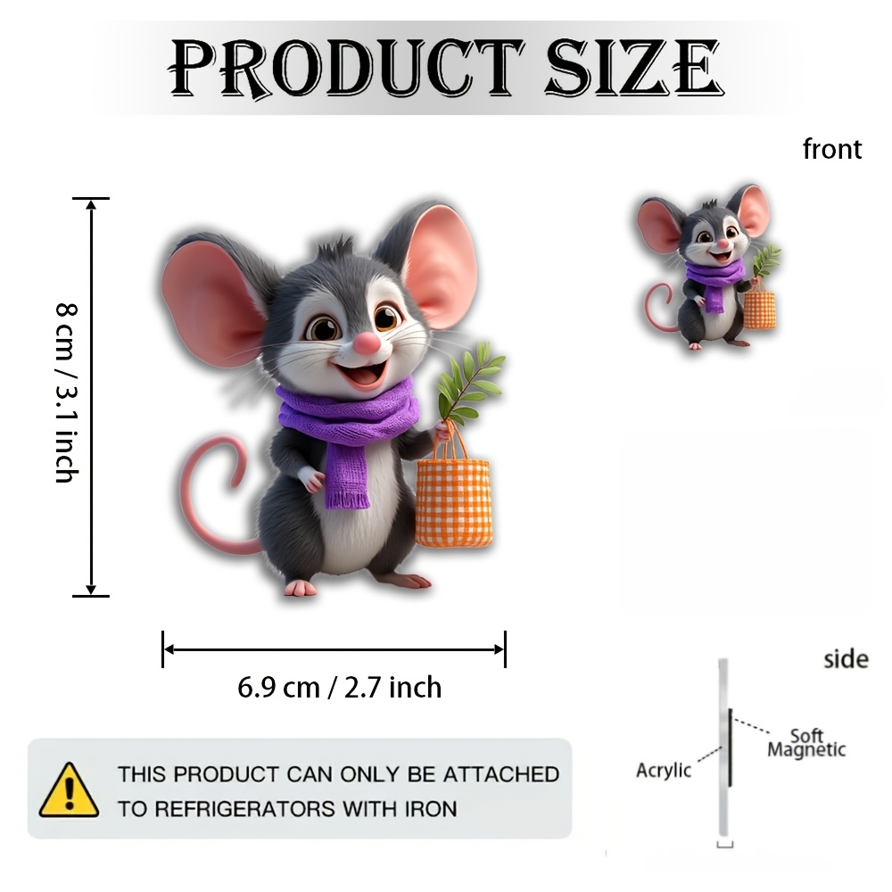 TEMU 1pc, 2d Flat Cute Anthropomorphic Mouse Magnet, With A Purple Scarf And Plaid Bag - Strong Acrylic And Rubber Fridge Magnet, Suitable For