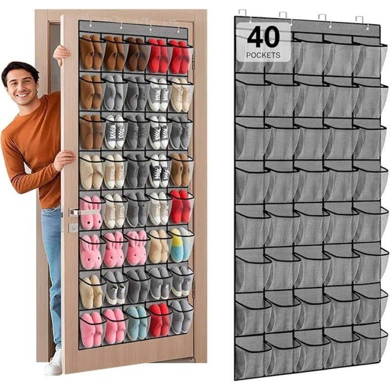 TEMU Organisateur de chaussures à suspendre pour porte, 14 poches/40 poches, grande taille, poches en respirante, armoire à cintre, étagère noire à