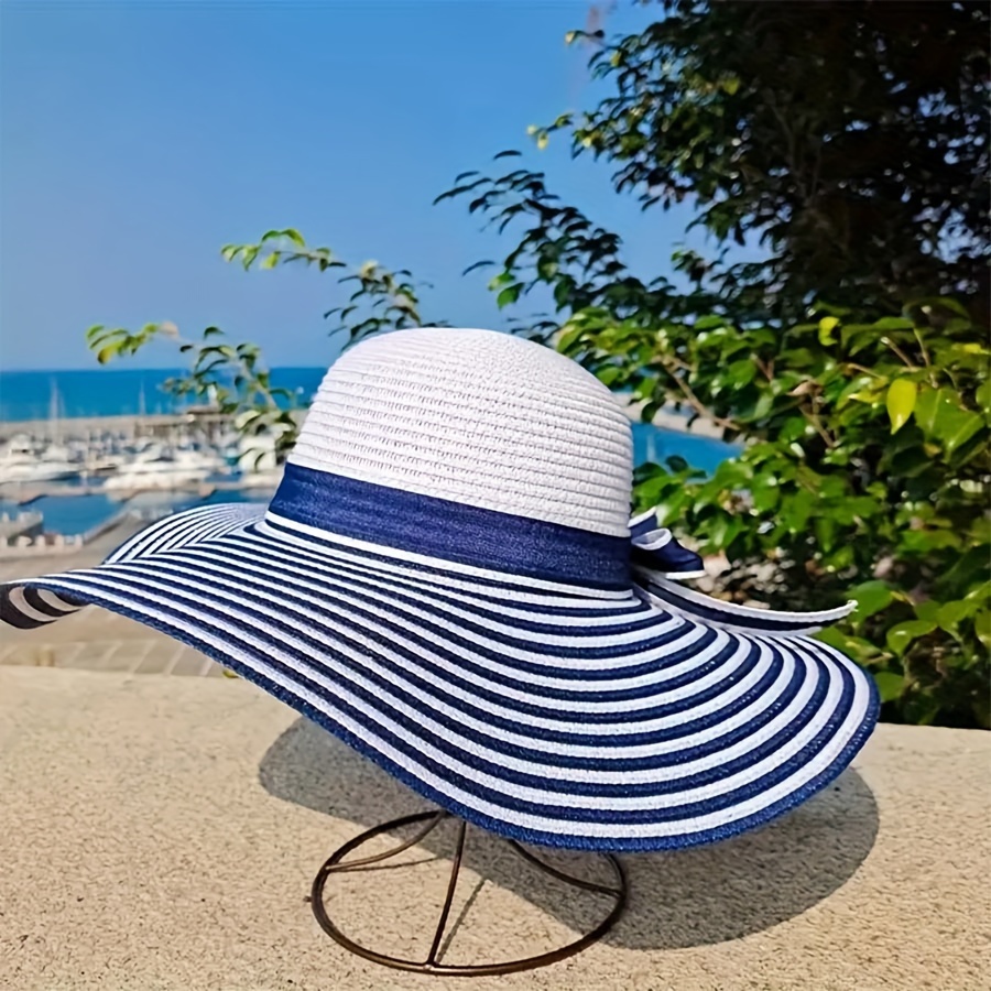 Classic Striped Bowknot Straw Hat Blue White Wide Brim Hats - Temu Germany