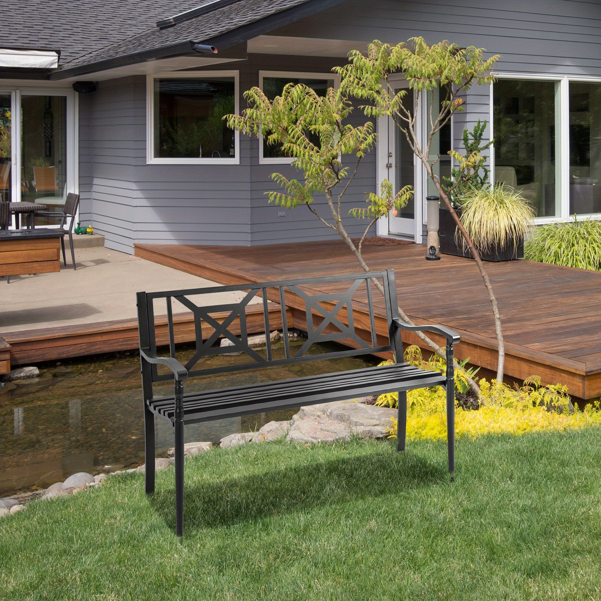 TEMU Outsunny Steel Garden Bench For Outdoor, 2-person Patio Bench, Black