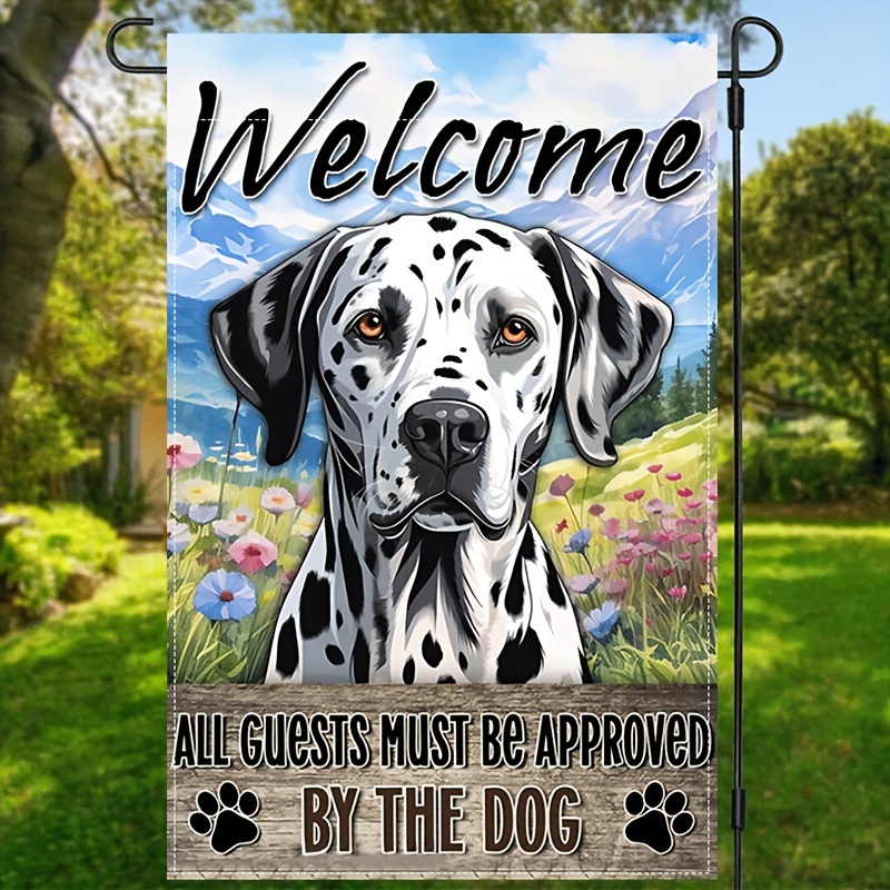 

1pc, All Guests Must Be Approved By The Dog Garden Flag, Dalmatian Dog Welcome House Flag, Burlap Double Sided Waterproof Flag 12x18inch, Home Decor, Outdoor Decor, Yard Decor, Garden Decorations