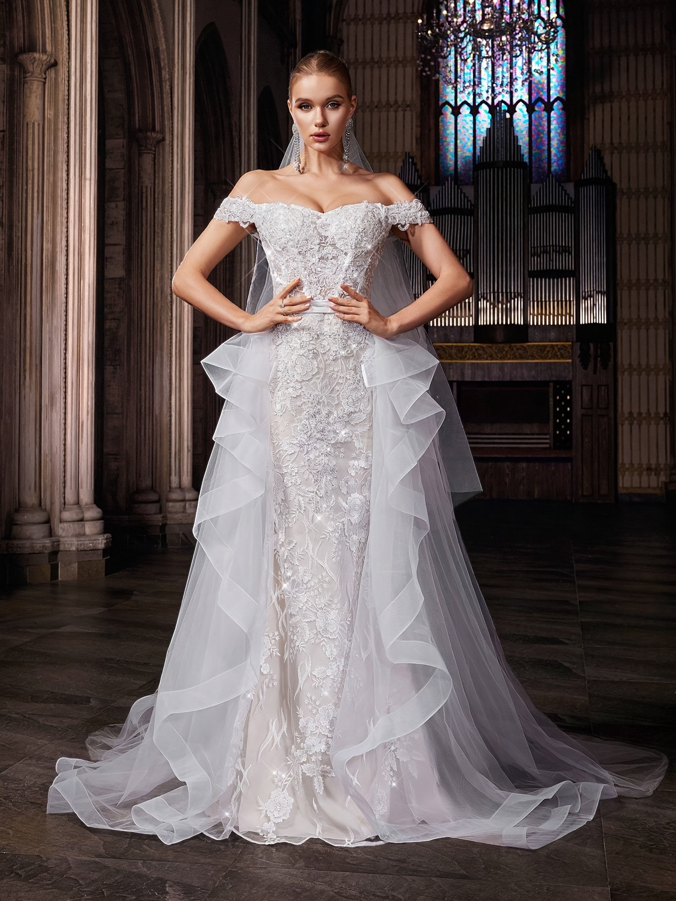 qoq elegant shoulder ruffle lace wedding gown - Temu Chile