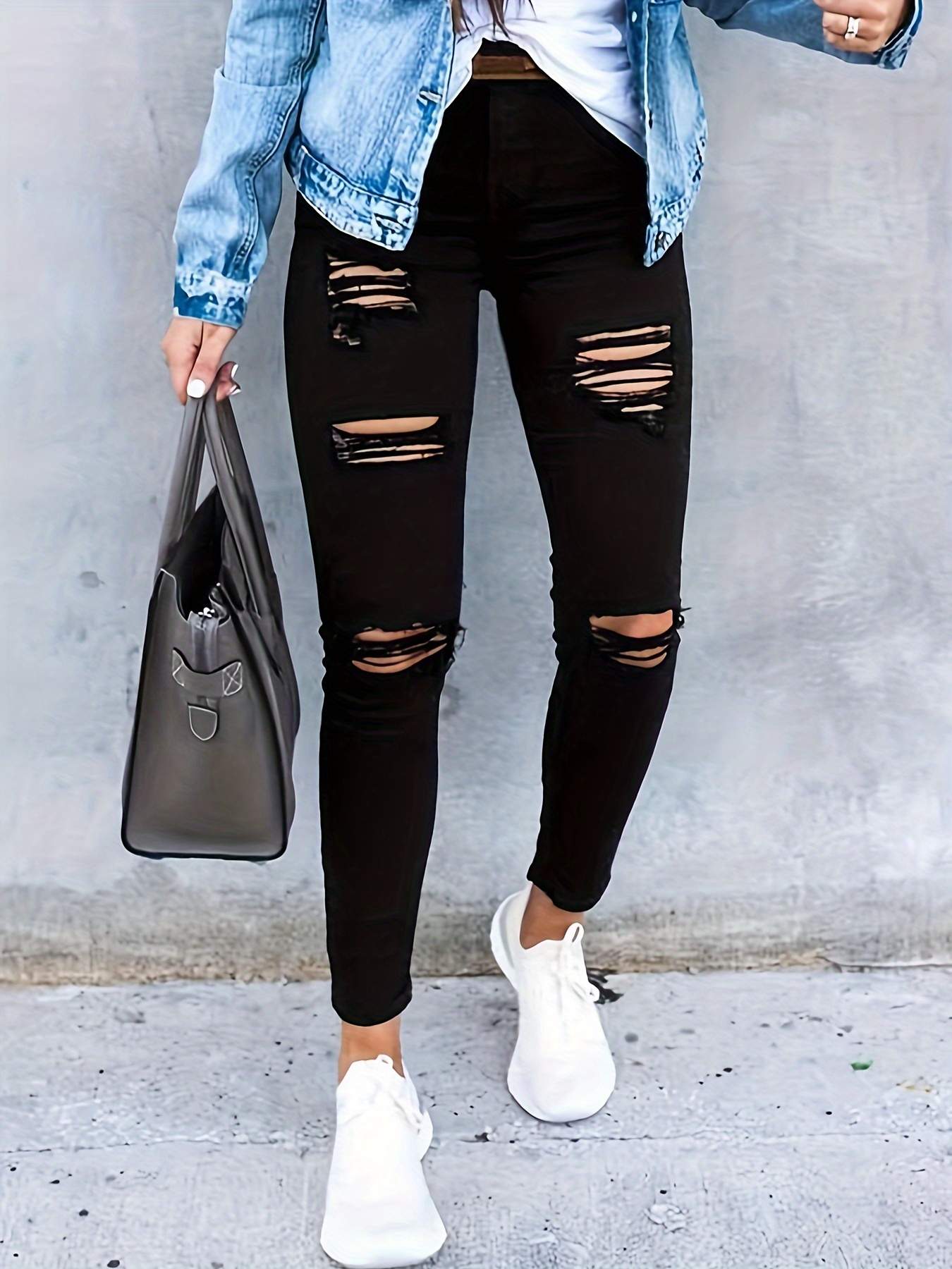 damen lässige jeanshose mit destroyed löchern - stretchiger baumwollmischgewebe -   für alle jahreszeiten | Hochwertige Und Preiswerte Qualität | Temu