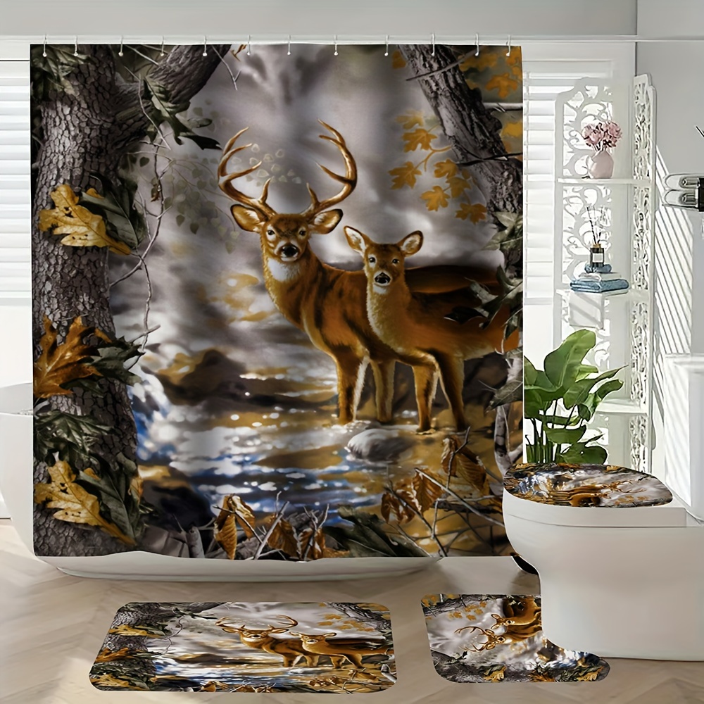 

4pcs Couple Bathroom Decor Set - Polyester Bath Curtain - Rug, Lid , Bath Mat And 12 Plastic - - - - All- For , , Apartment