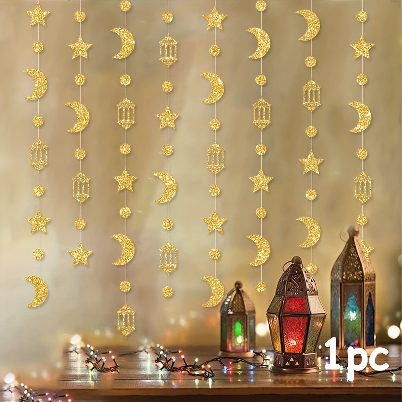 Image of 1pc Ramadan & Eid Al-fitr Decorations Suitable For - Black, Blue, , Moon, Dotted Garland Ribbons - Paper Mubarak Hanging Decor For Ramadan Kareem Parties, Festival Backdrop (ramadan/eid)