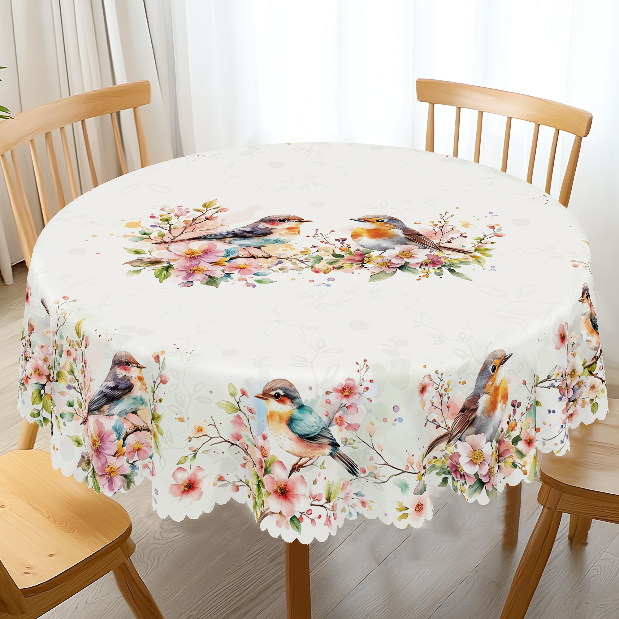 

1pc Spring Floral And Bird Print Round Tablecloth - 100% Polyester, Machine-woven, Decorative Table Cover For Easter, Valentine's Day, Home Kitchen, Picnic - 5 Sizes