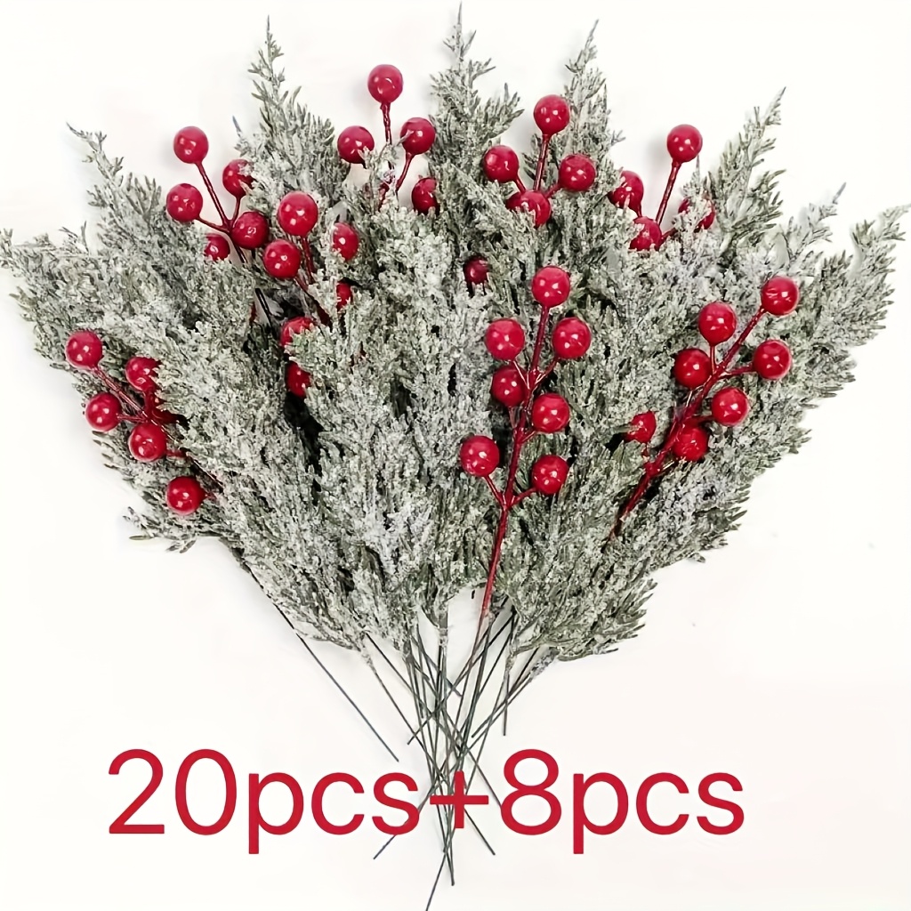 TEMU 28 pièces de branches de pin artificielles avec rouges, combinaison de branches d'hiver pour Noël, aiguilles de pin de Norfolk, pour la