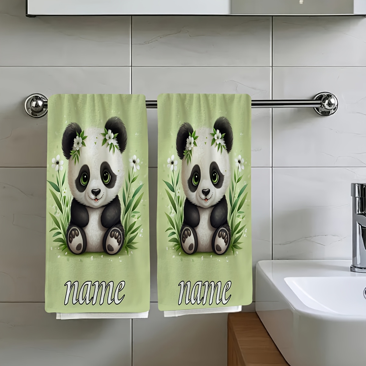 TEMU 2pcs, A Cute Panda With A Flower Sitting Grass, Travel Essential Towel, Customizable Text Towel, Name Customization Towel, Cartoon Anime Towel,