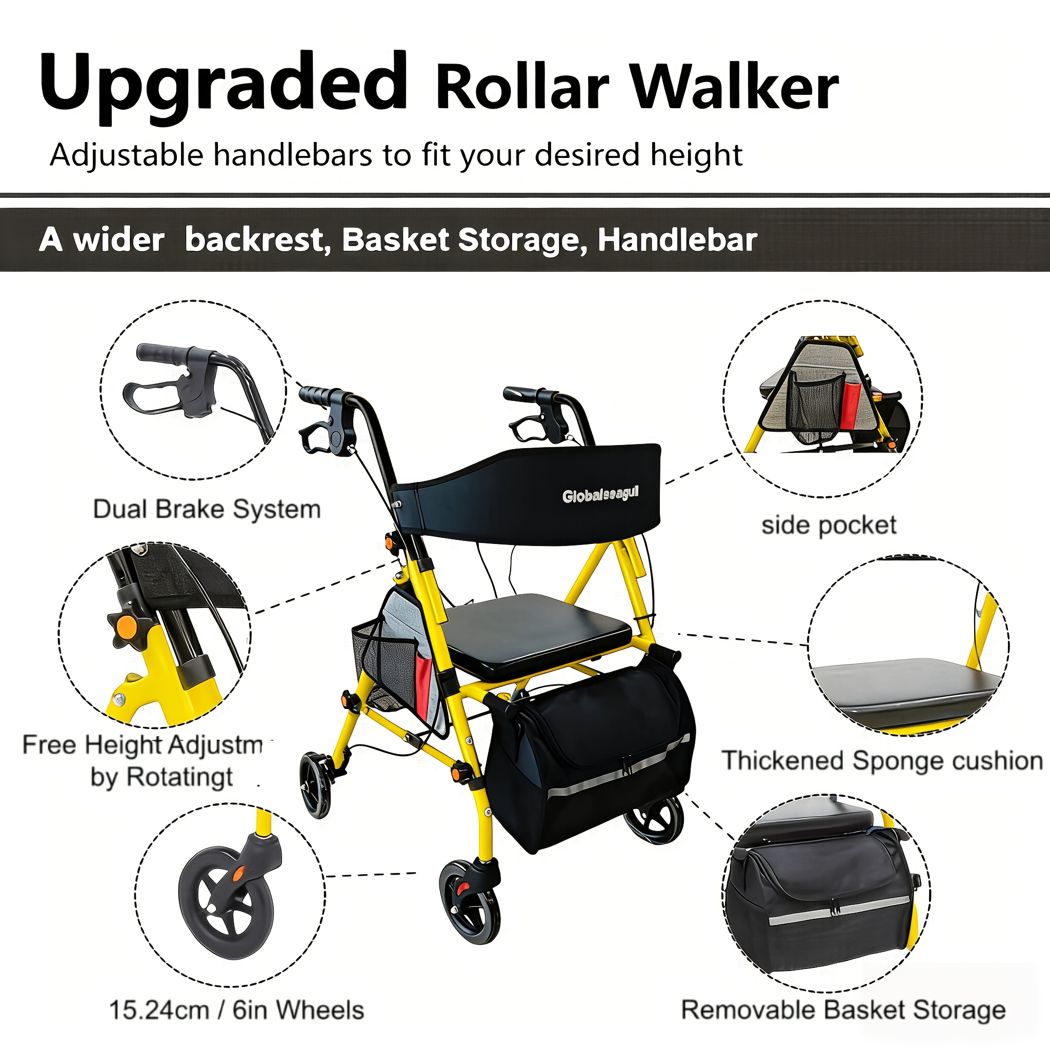 Rollator Walker for Seniors And Adults with Seat, 6-inch Wheels, Capable Of Supporting 158.76 KG, Medical Rolling Walker